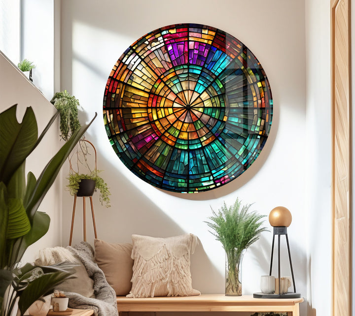 Strahlende Mosaik-Wandkunst aus Buntglas – Farbenfrohes, kreisförmiges Fensterdesign 