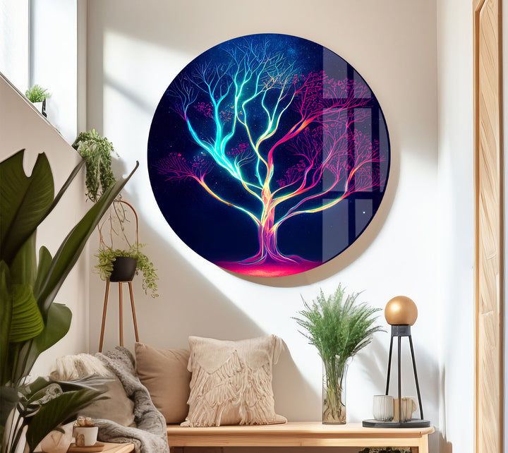 Neonbaum-Wandkunst – Kosmisches Nachtbaum-Glasdruckdesign