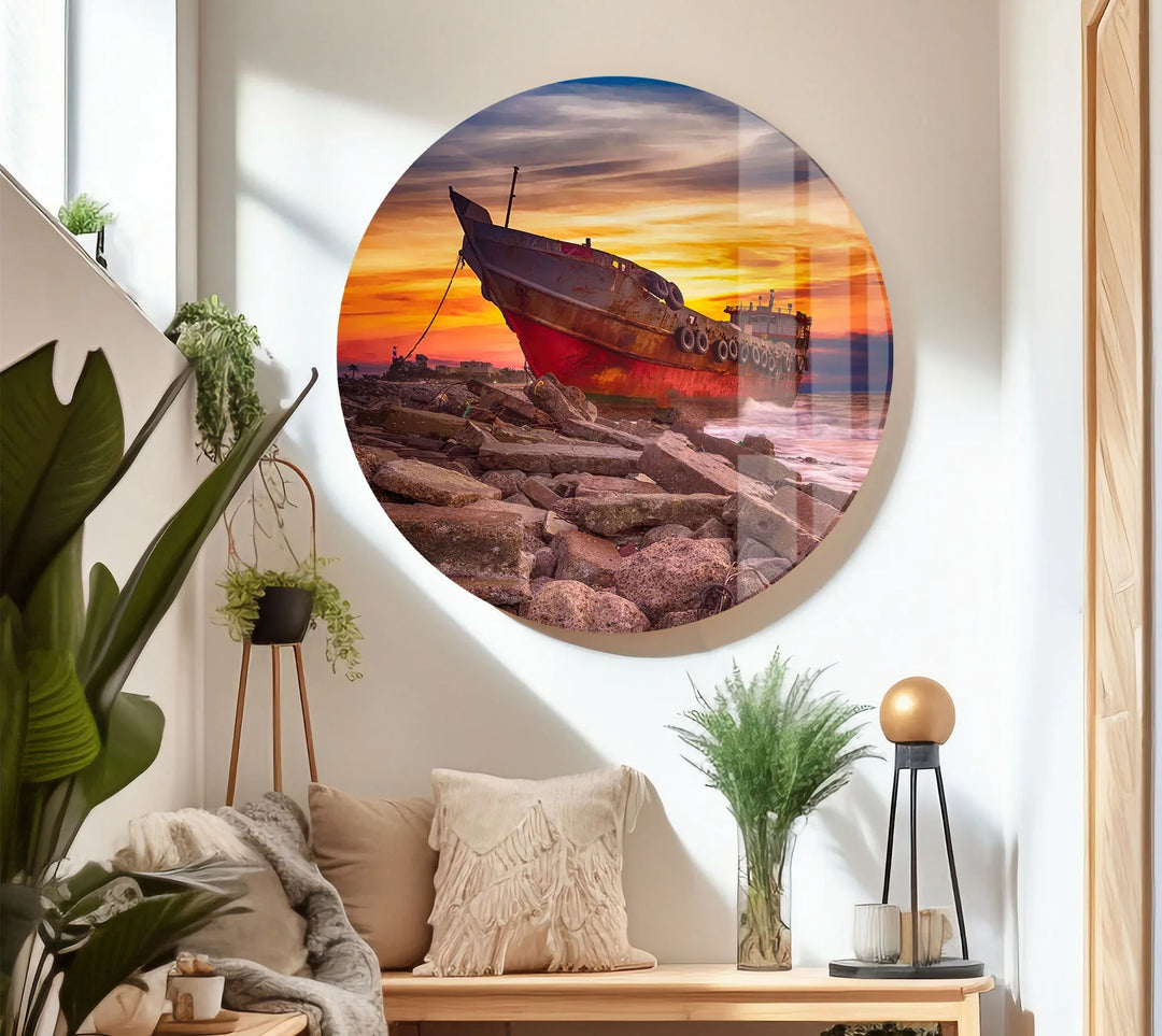 Abandoned Ship Wall Art – Sunset Seascape Glass Print for Nautical Decor - MyPhotoStation