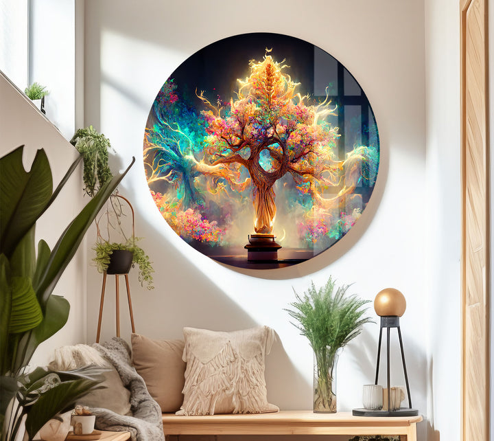 Fantasy-Baum des Lebens Wandkunst – Strahlendes, magisch leuchtendes Glasdruck-Design