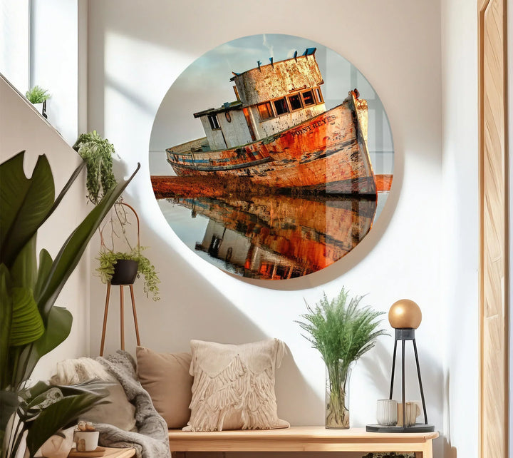 Rustic Abandoned Boat Glass Wall Art – Reflections of Time Nautical Print - MyPhotoStation