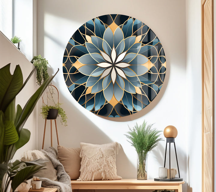 Elegant Lotus Mandala Glass Wall Art – Blue Gold Sacred Geometry Pattern