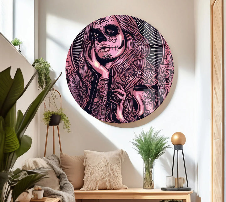 Day of the Dead Gothic Wall Art – Pink Skull Girl with Guns Tattoo Design - MyPhotoStation