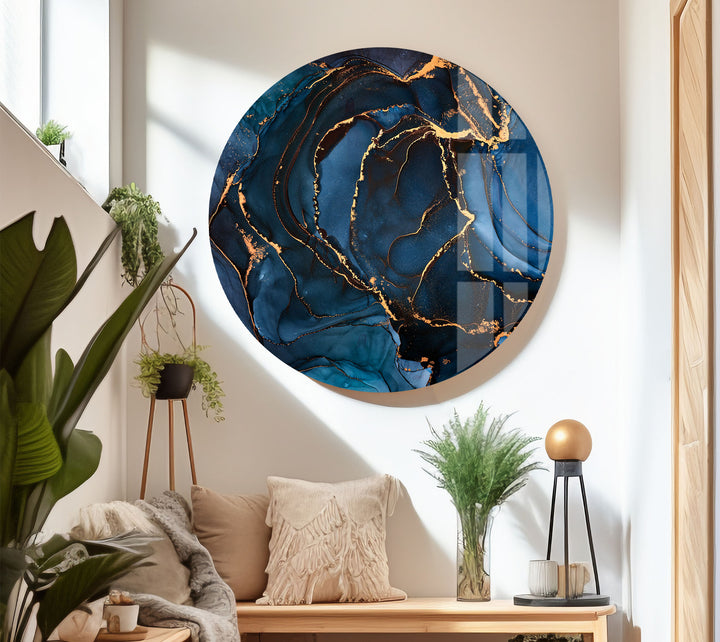 Midnight Blue Gold Abstract Wall Art – Luxury Fluid Ink Glass Print