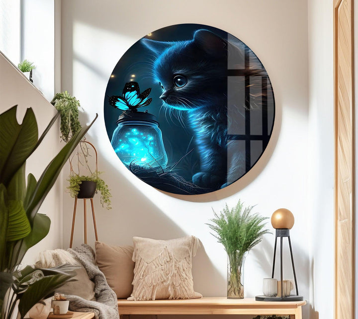 Butterfly & Cat Glass Wall Art glass pictures for Wall, glass prints wall art
