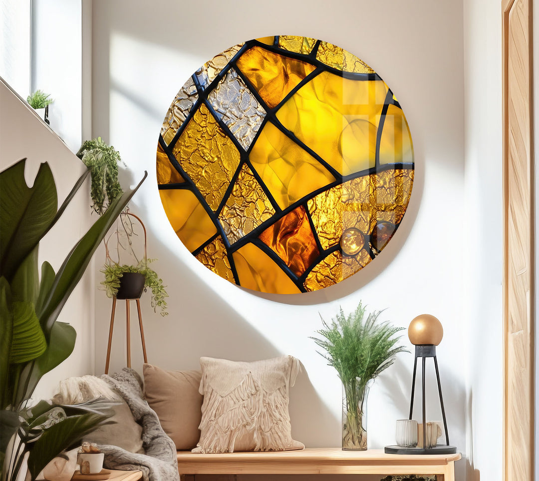 Goldene Buntglas-Wandkunst – Abstrakter strukturierter Glasdruck für Zuhause und Büro