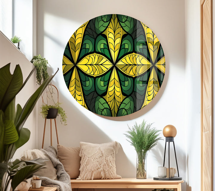 Green & Gold Stained Glass Wall Art – Botanical Geometric Glass Design