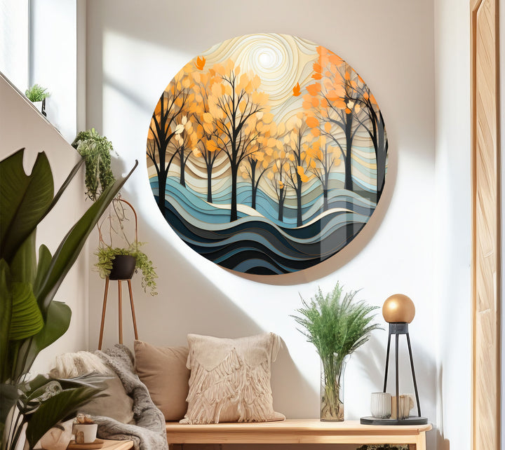 Golden Forest Glass Wall Art – Autumn Trees Abstract Landscape Decor