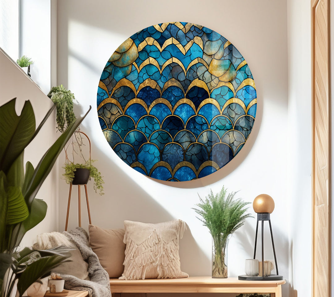 Blau-goldene Wellenmosaik-Glaskunst – Vom Meer inspirierte, rissige Textur 