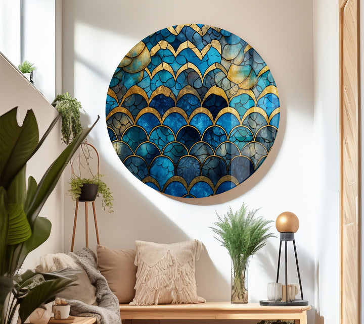Blau-goldene Wellenmosaik-Glaskunst – Vom Meer inspirierte, rissige Textur 