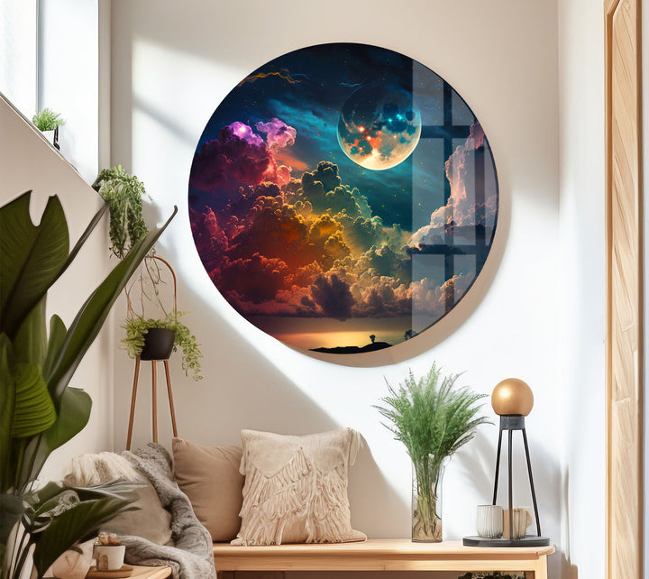 Verträumte Mondaufgang-Wandkunst – Fantasy-Himmel und Wolken-Glasdruck