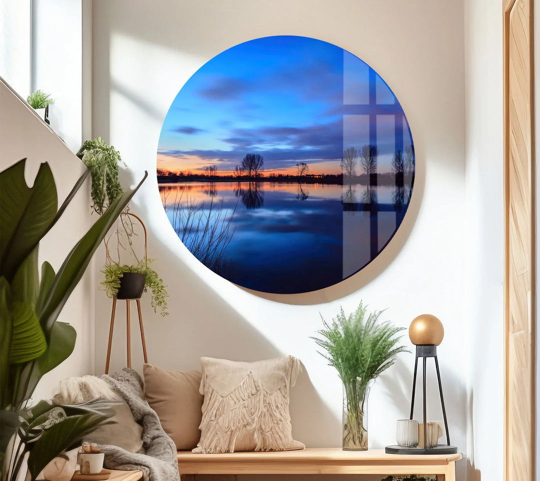 Blue Sunset Lake Wall Art – Serene Landscape Glass Print for Calm and Modern Interiors - MyPhotoStation