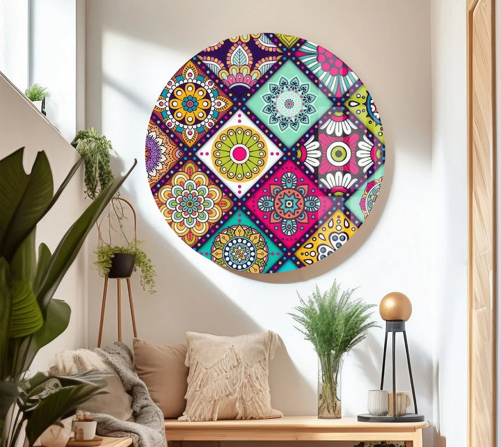 Bohemian Mandala Glass Wall Art – Colorful Mosaic Pattern for Eclectic Interiors - MyPhotoStation