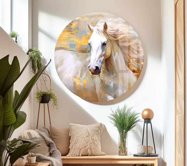 Majestic White Horse Wall Art – Abstract Glass Print for Modern Interiors