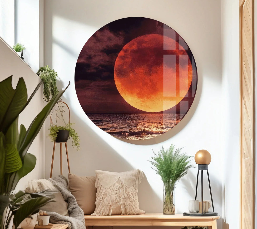 Red Moon Over Ocean Glass Wall Art – Dramatic Lunar Seascape Print for Bold Modern Decor - MyPhotoStation