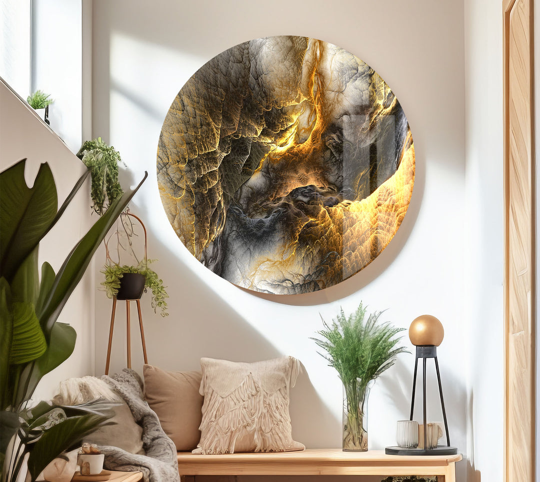 Golden Ember Cavern Wall Art – Textured Abstract Glass Print Decor