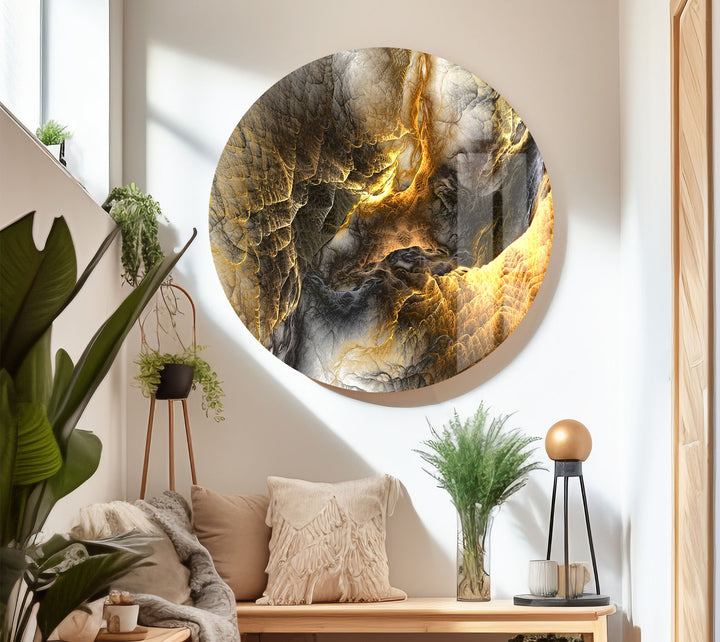 Golden Ember Cavern Wall Art – Textured Abstract Glass Print Decor