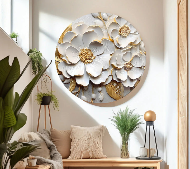 White Gold Floral Wall Art – 3D Textured Flower Print on Glass Panel - MyPhotoStation
