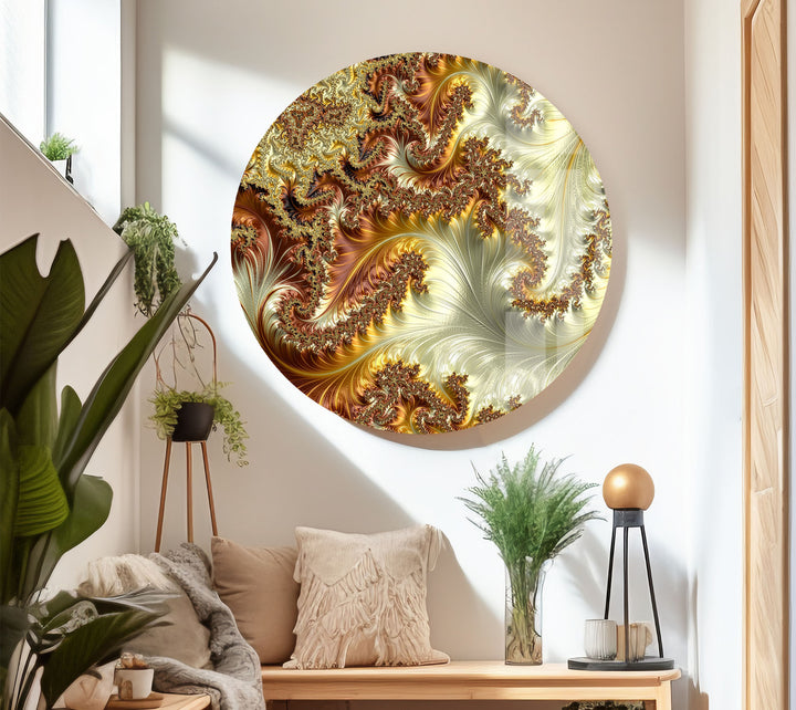 Goldene fraktale Wirbel Wandkunst – Abstrakter Spiralglasdruck 