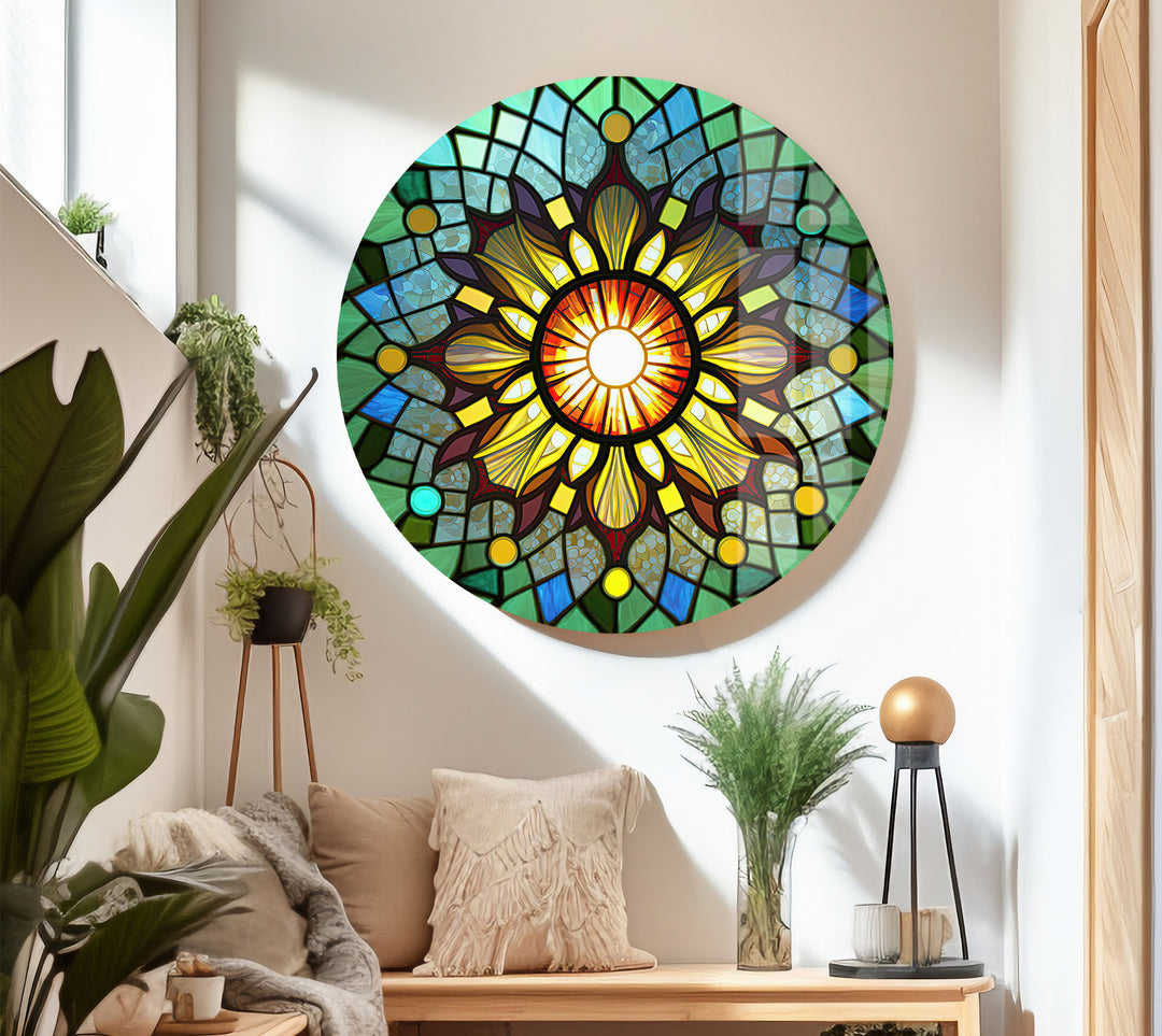 Strahlende Buntglas-Wandkunst mit Sonnenstrahlen – Buntes Mandala-Fensterpaneel 