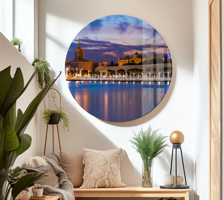 Malaga Waterfront Cityscape Wall Art – Dusk Skyline Glass Print for Urban Decor