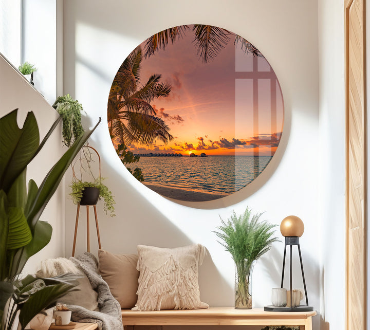 Tropical Sunset Beach Wall Art – Palm Tree Ocean View Glass Print