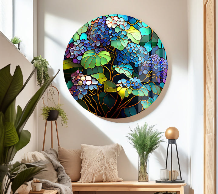 Blaue Hortensie Buntglas-Wandkunst – Vertikaler Blumenglasdruck