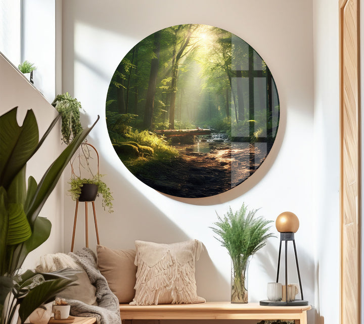 Sunlit Forest Stream Wall Art – Peaceful Nature Path Glass Print for Calming Decor