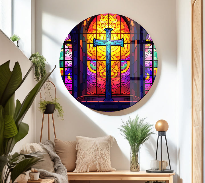 Stained Glass Church Cross Wall Art – Colorful Christian Glass Print Design