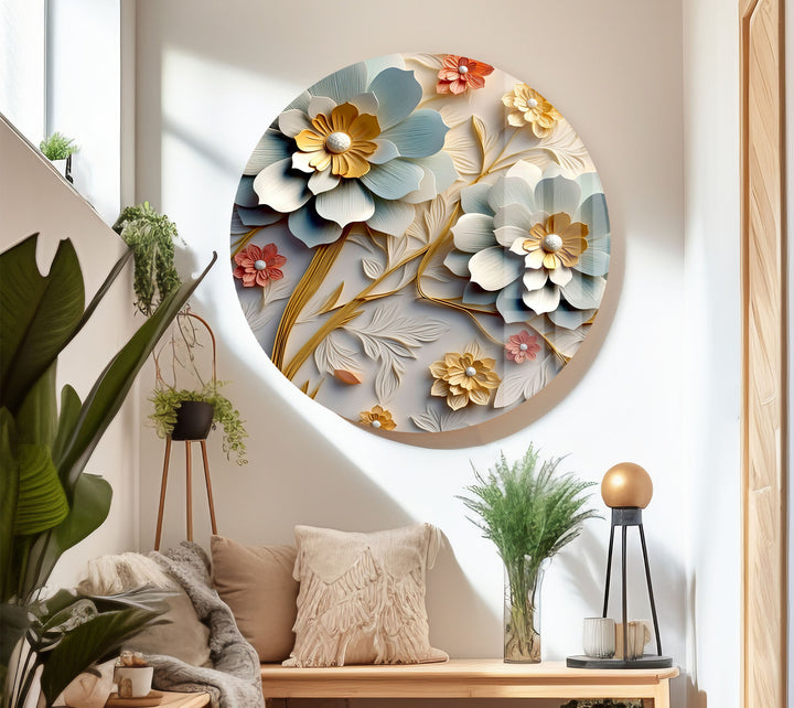 3D-Wandkunst mit blühenden Blumen – Eleganter Blumendruck aus geprägtem Glas 