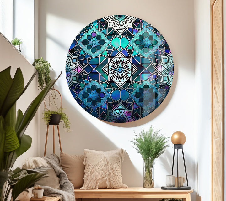 Blue Mosaic Star Glass Wall Art – Islamic Geometric Window Panel, Sacred Pattern Decor