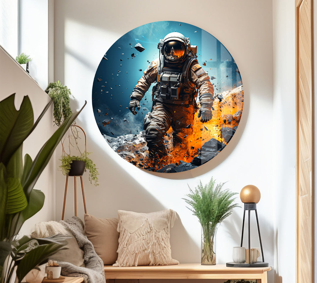 Explodierende Astronauten-Wandkunst – Weltraum-Feuer- und Steinglasdruck für mutige Innenräume
