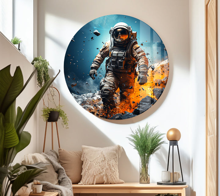 Explodierende Astronauten-Wandkunst – Weltraum-Feuer- und Steinglasdruck für mutige Innenräume