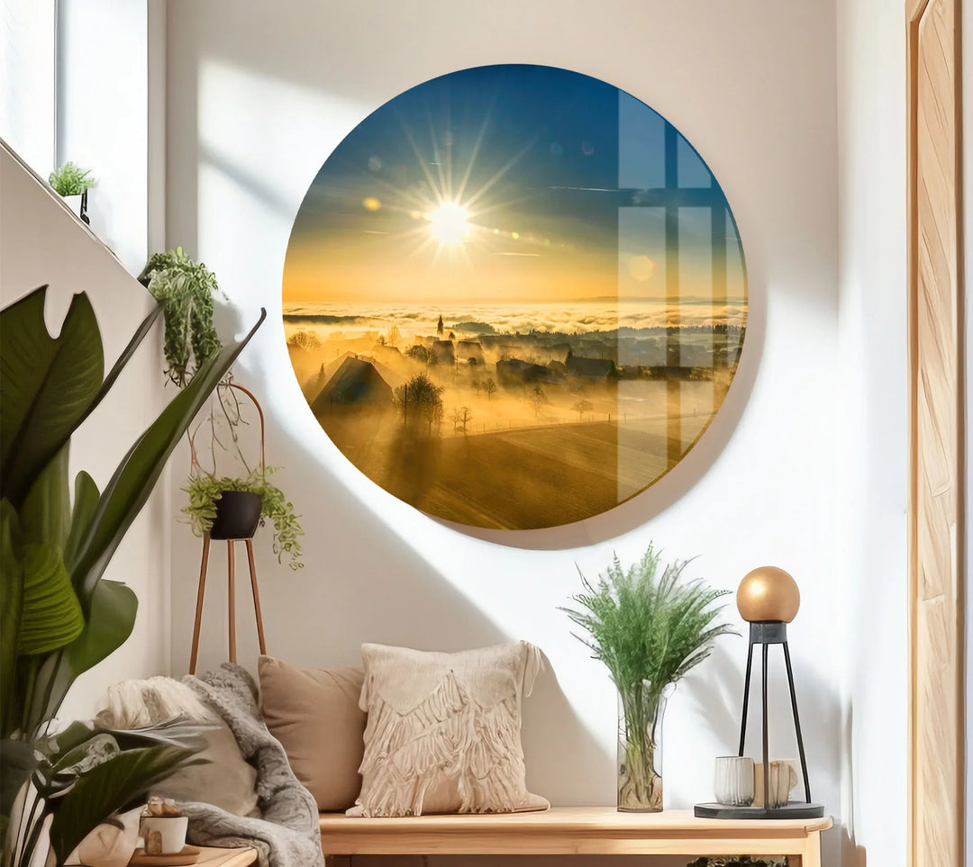 Golden Sunrise Over Foggy Countryside – Serene Morning Landscape Glass Wall Art - MyPhotoStation