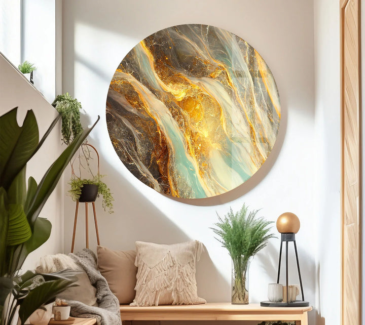 Gold Teal Marble Wall Art – Abstract Glass Print with Fiery Metallic Flow for Modern Elegant Interiors - MyPhotoStation