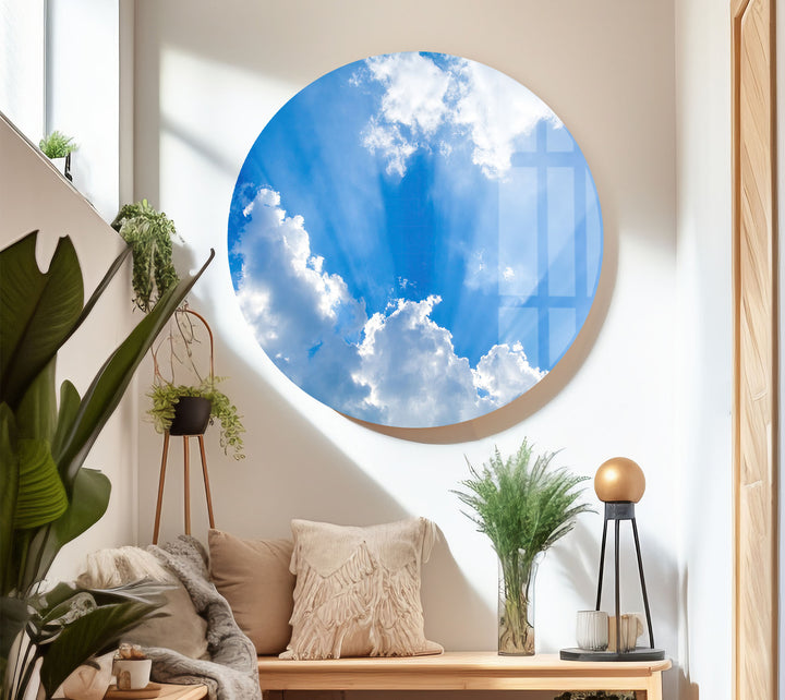 Heavenly Sky Light Rays Wall Art – Blue Cloudscape Glass Print for Uplifting Decor
