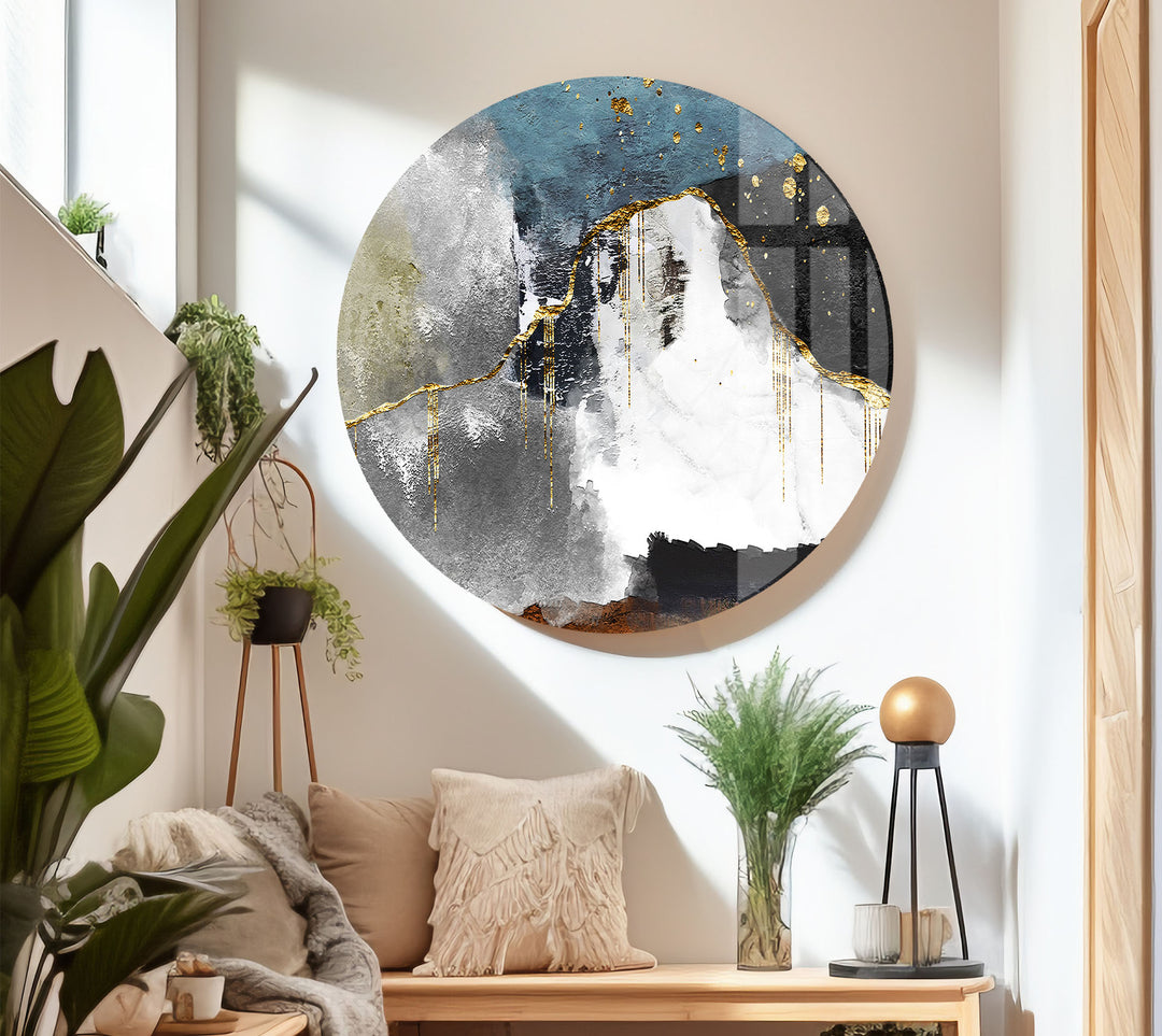Abstract Mountain Wall Art – Blue, Gold & Neutral Glass Print Decor