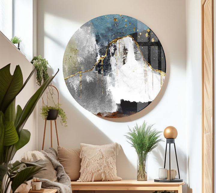 Abstract Mountain Wall Art – Blue, Gold & Neutral Glass Print Decor