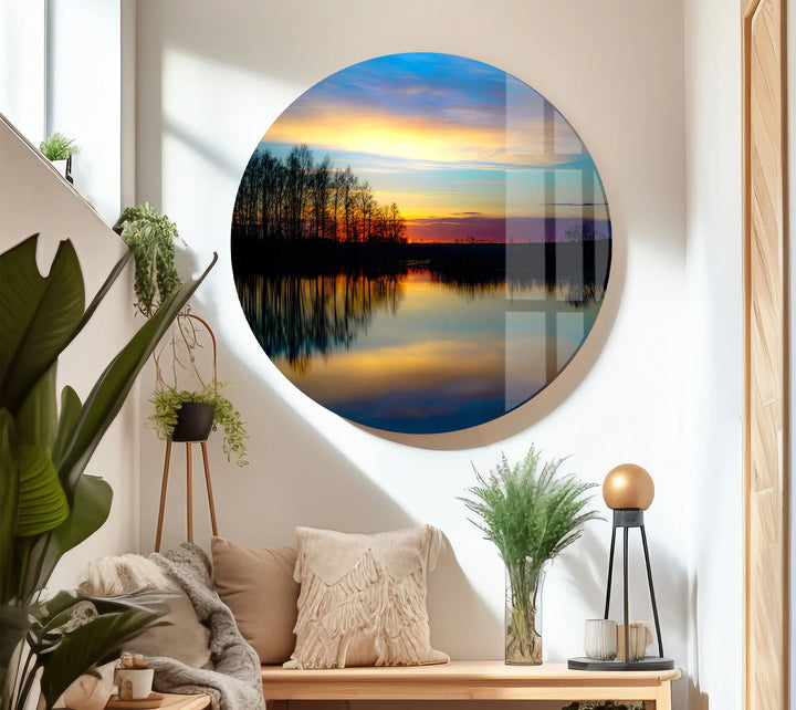 Sunset Reflection Wall Art – Tranquil Forest & Lake Glass Print for Serene Decor - MyPhotoStation