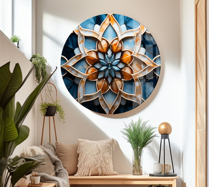 Blue & Amber Geometric Wall Art – Islamic Mandala Glass Print for Modern Interiors