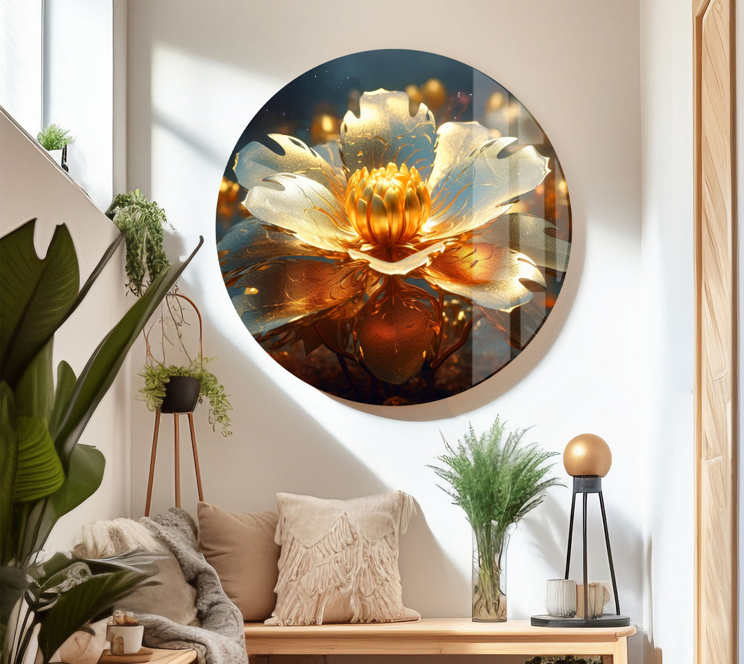 Golden Bloom Glass Wall Art – Luminous Abstract Flower Print