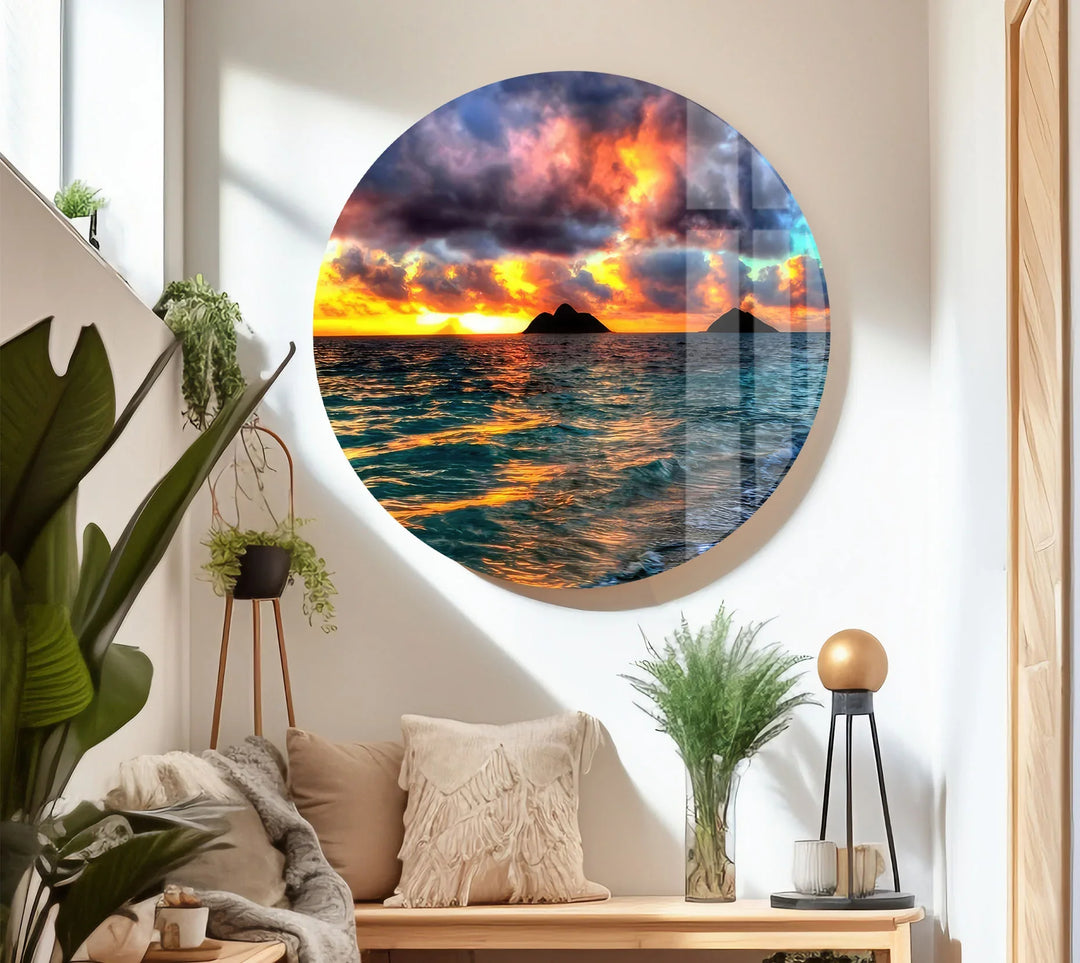 Tropical Sunset Beach Scene – Ocean Wave Glass Wall Art with Island Silhouette - MyPhotoStation