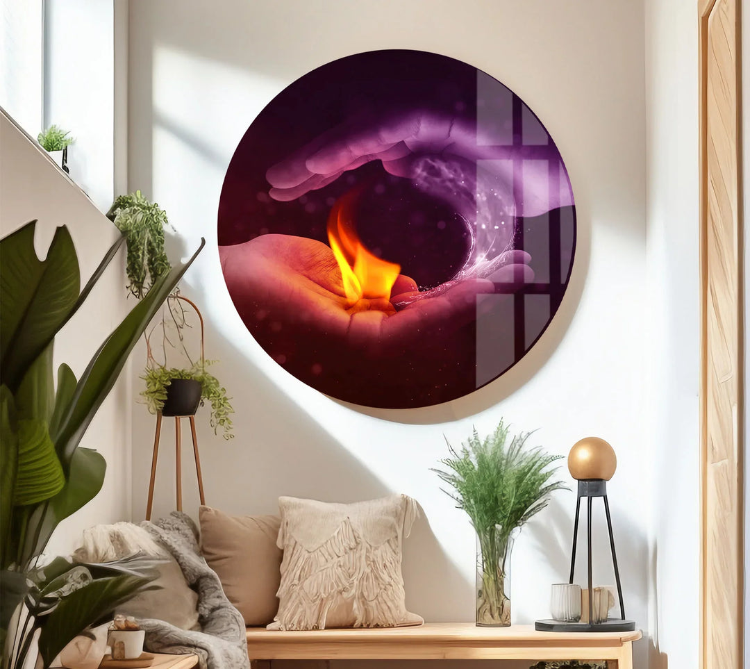 Fire and Water Yin Yang Wall Art – Duality Hands Glass Print for Modern Decor - MyPhotoStation