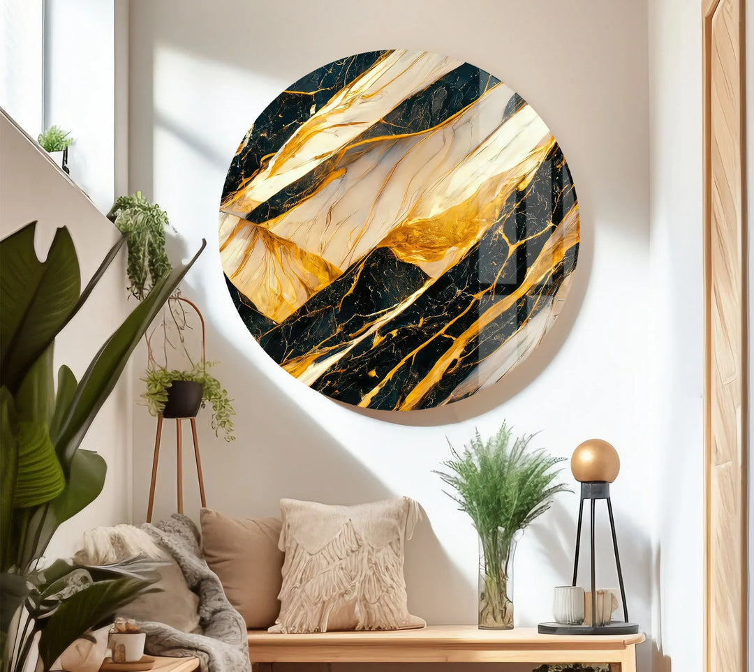 Luxury Black Marble Glass Wall Art with Gold and White Fluid Veins – Modern Abstract Decor - MyPhotoStation