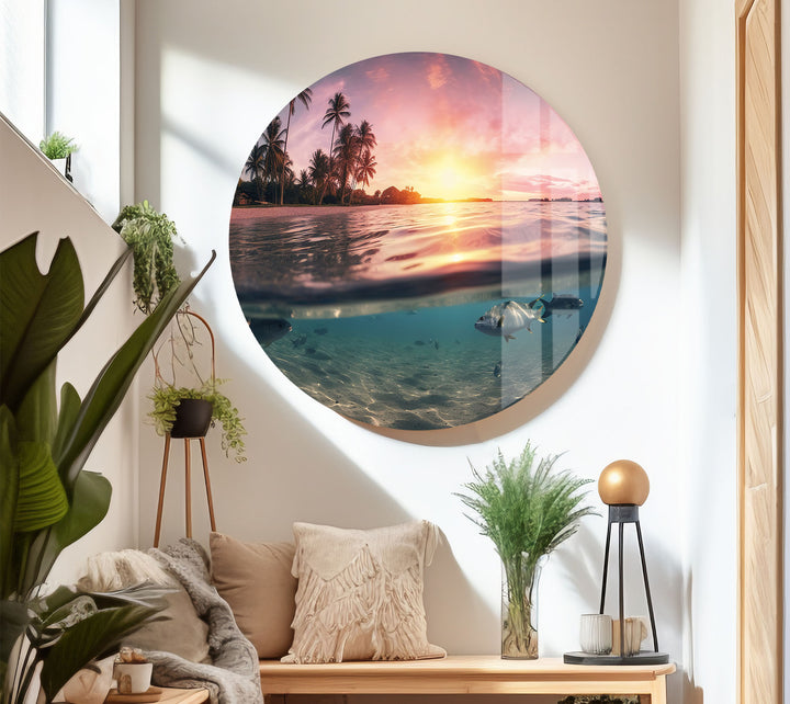 Tropical Ocean Split View Wall Art – Sunset and Underwater Scene Glass Print