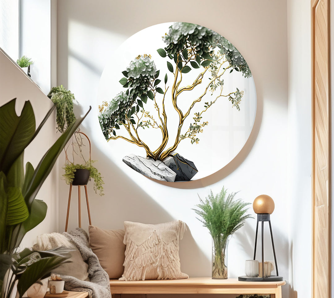Goldene Bonsai-Baum-Wandkunst – Weißer Blumenglasdruck mit Marmorsteinen