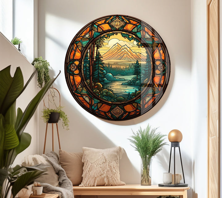 Stained Glass Mountain Landscape – Scenic Forest & River Window Panel