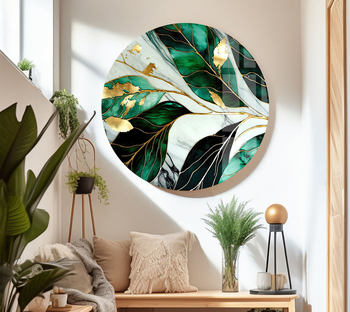 Gold & Emerald Botanical Glass Wall Art – Luxury Green Leaf Design