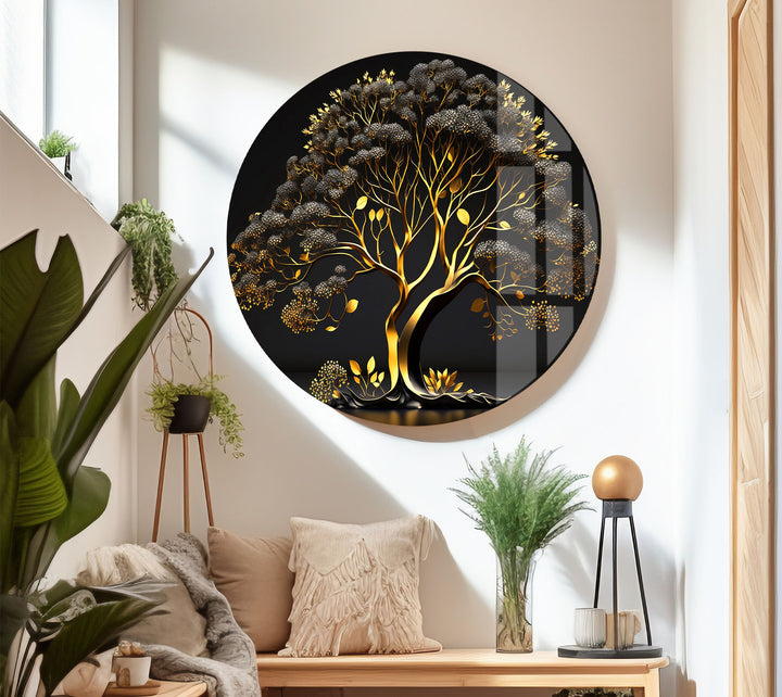 Golden Tree Wandkunst – Luxuriöses Gold- und Schwarz-Natur-Glasdruckdesign