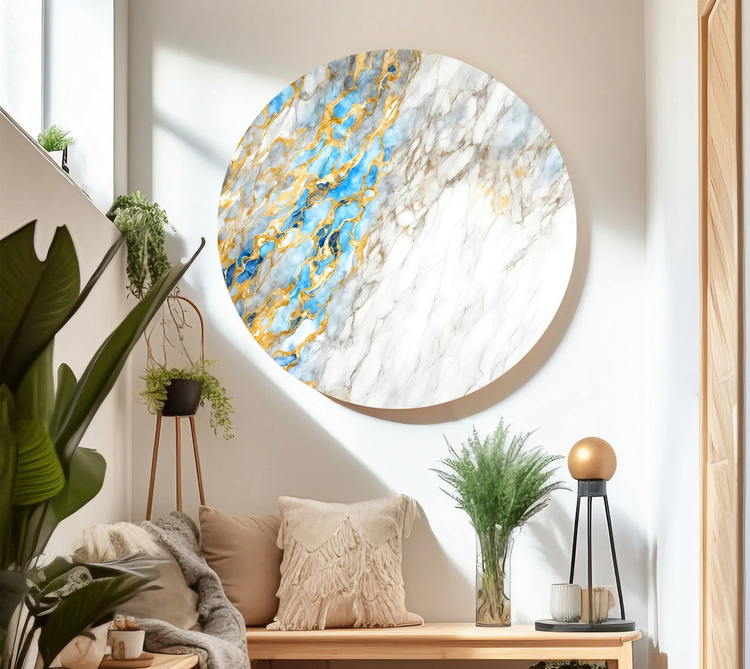 White Marble Abstract Wall Art – Elegant Glass Print with Blue and Gold Vein Accents for Luxe Modern Interiors - MyPhotoStation